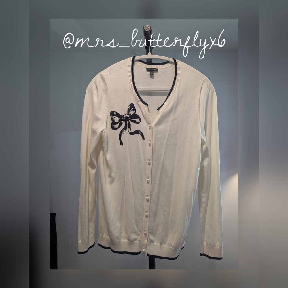 TALBOTS CHARMING CARDIGAN - BOW Holiday Button Front Soft White